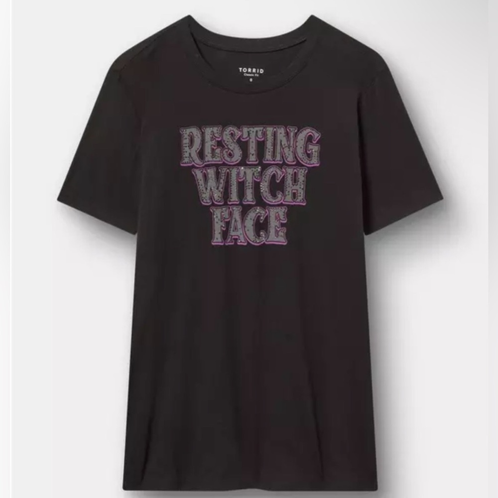 New Torrid 2X 2XL Resting Witch Face Shirt Halloween Black Purple Rhinestone